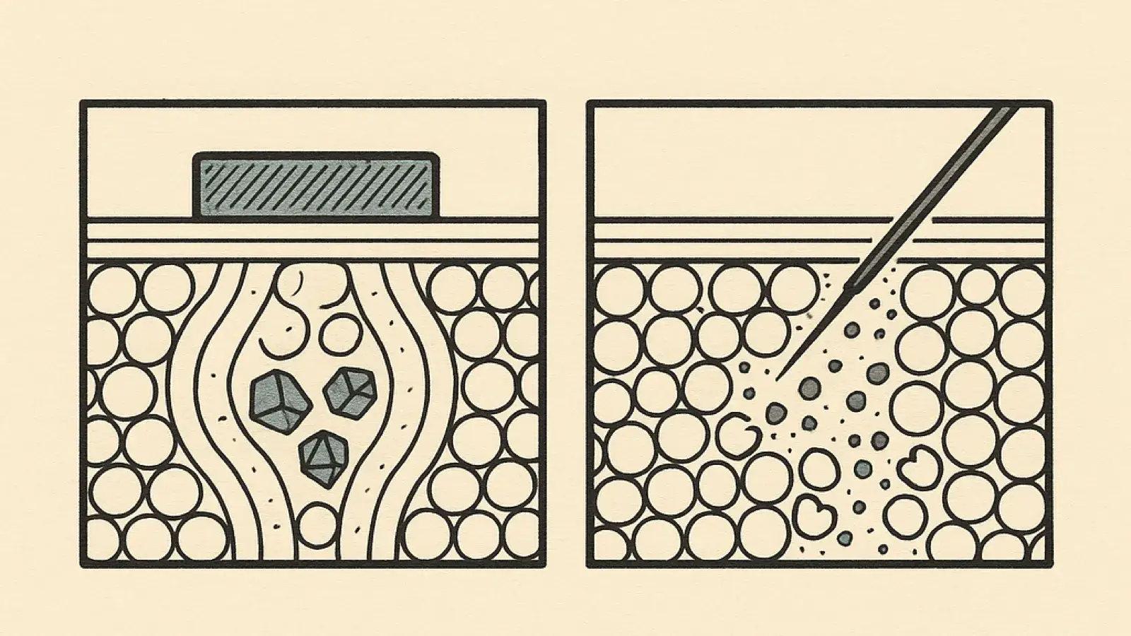 A two-ink plate of two framed cross-sections through a block of subcutaneous fat, each a field of packed round cells beneath a thin band of skin. In the left panel a flat hatched bar rests on the surface, and the column of fat directly under it holds three angular crystals while the packed cells to either side are untouched. In the right panel a fine needle enters at an angle and a scatter of dark droplets spreads from its tip, with several cell outlines inside that cloud broken open.