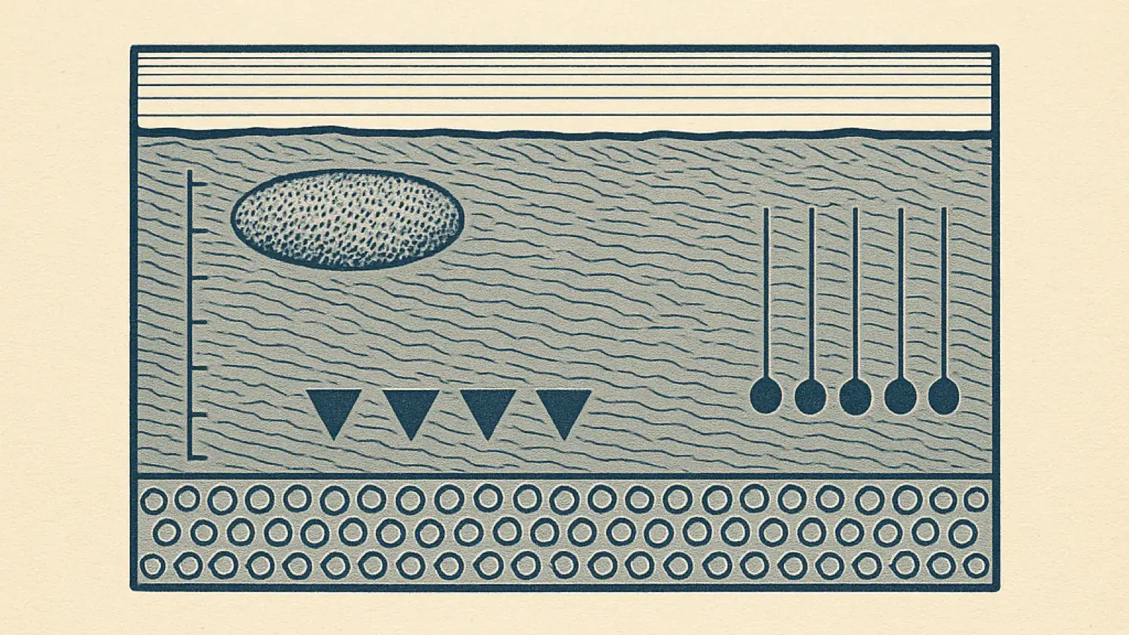 A two-ink cross-section plate of layered tissue beside an unlabelled depth scale: a wide shallow patch of stipple lying just under the surface; a row of small solid wedges set deeper and further along, each isolated from the next; and a row of fine straight needle tracks entering from the surface, each ending in a dark bead partway down. Below all three, a band of round fat cells.
