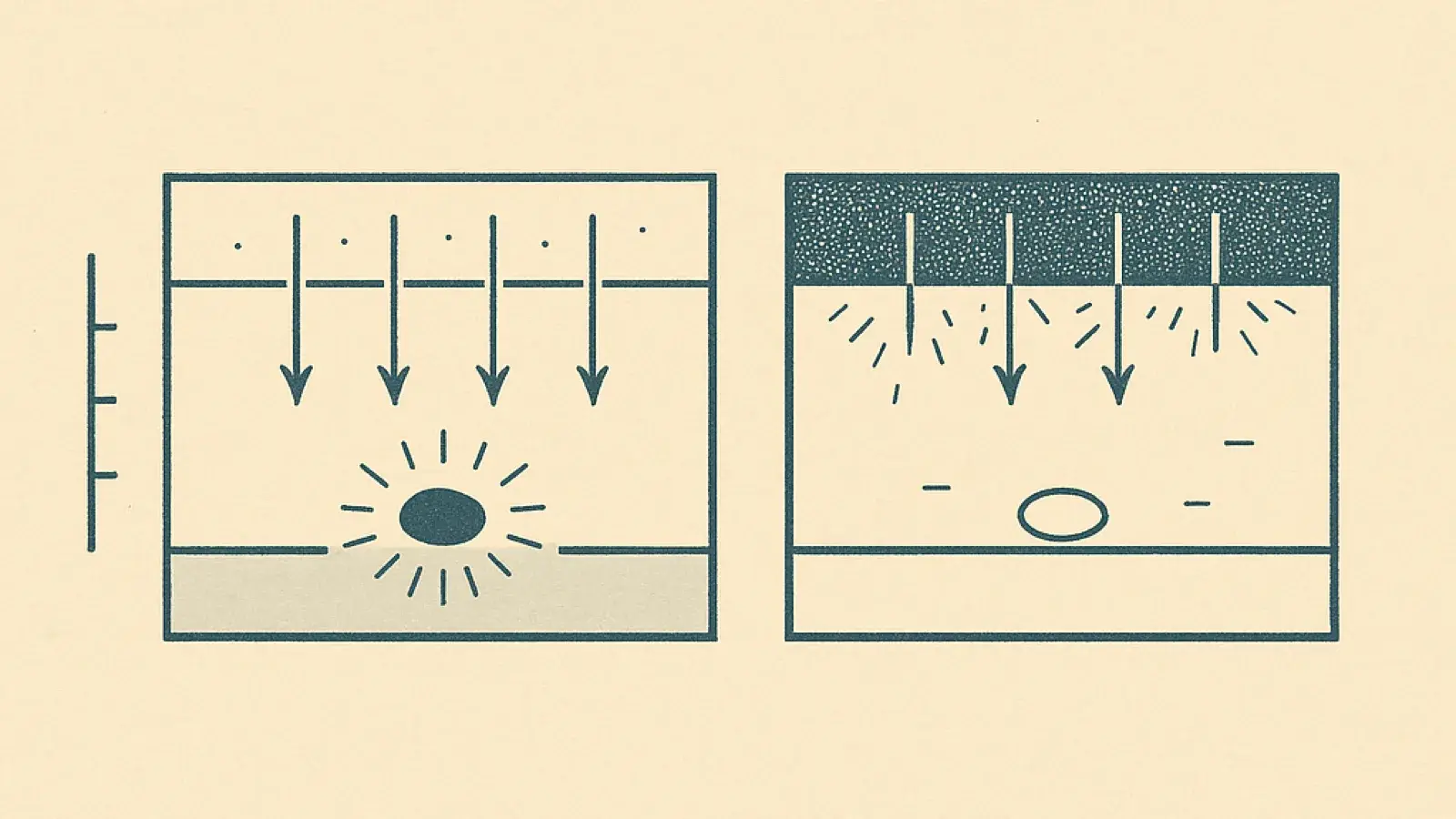 A two-ink plate holding two side-by-side cross-sections through layered material. On the left the thin surface band carries only a few scattered dots, four downward arrows pass through it, and they end at a small filled oval deep in the field with short lines radiating from it. On the right the surface band is packed solid with stipple, the same four arrows stop just inside that band with short lines radiating from it there, and the deep oval is left as an empty outline.