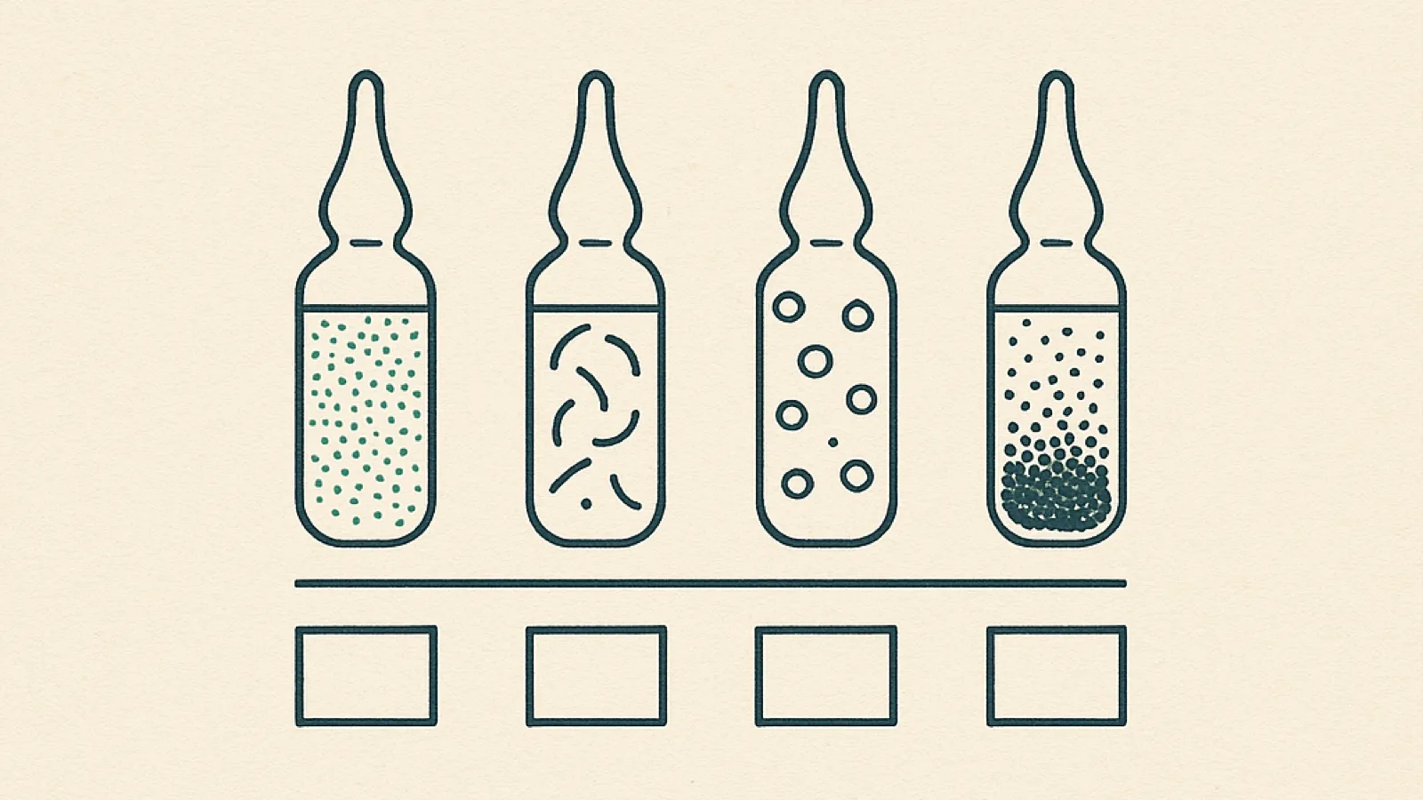 A two-ink plate: four sealed glass ampoules of identical shape stand in a row, each drawn in plain outline and each holding a visibly different content — fine even stipple, short curved strands, a scatter of hollow circles of unequal size, and dense solid dots settled at the base. A rule runs beneath the row, and under each ampoule sits a small rectangular label card that is completely blank.