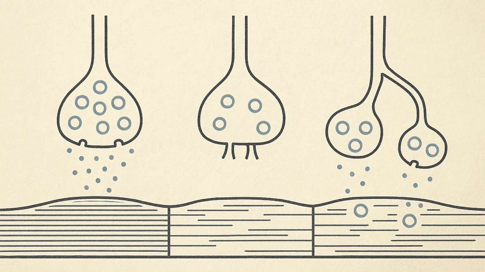 A two-ink schematic plate: one muscle fibre runs the width of the plate with three nerve endings above it. At left the ending holds vesicles docked against its membrane and a scatter of released signal crosses the gap to tightly ruled muscle. In the centre the docking filaments are drawn severed, the vesicles float loose, the gap is empty and the muscle lines are slack. At right the ending has grown a second branch to a fresh contact point and a thinner scatter of signal has begun to cross again.