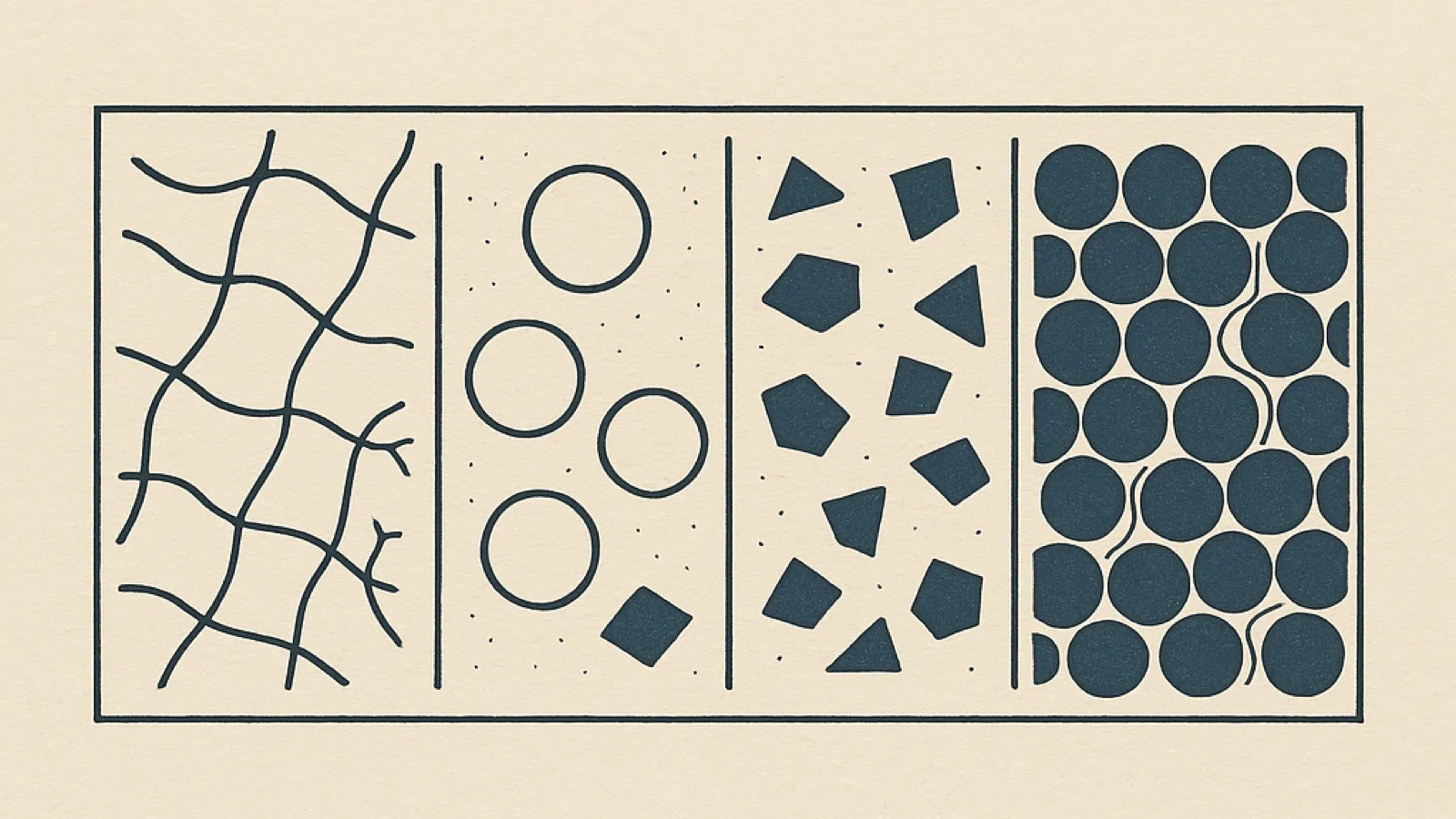 A two-ink plate: one wide ruled box divided into four compartments, each a magnified field of a different injectable material. First, a net of long curving strands tied together by short cross bars, fraying into loose separated strands at its right edge. Second, a few large evenly sized smooth spheres drawn as open circles, widely spaced. Third, scattered solid angular flakes of clearly differing sizes. Fourth, solid spheres all of one size, packed tight and touching, with a few wavy fibres threaded between them.