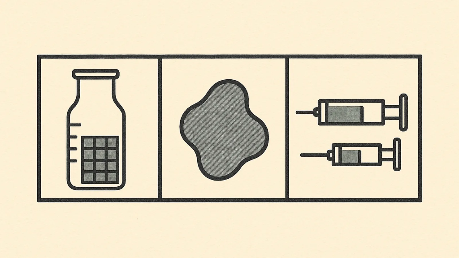 A two-ink plate of three framed panels, each showing a different way of measuring a quantity. Left, a small vial with a graduated scale of plain tick marks up its side and its contents drawn as a stack of identical countable squares. Centre, a bounded irregular hatched region with no scale, no ticks and no divisions anywhere in the panel. Right, two syringes of the same design but plainly different sizes, one much longer and wider than the other, each barrel filled to a different volume.